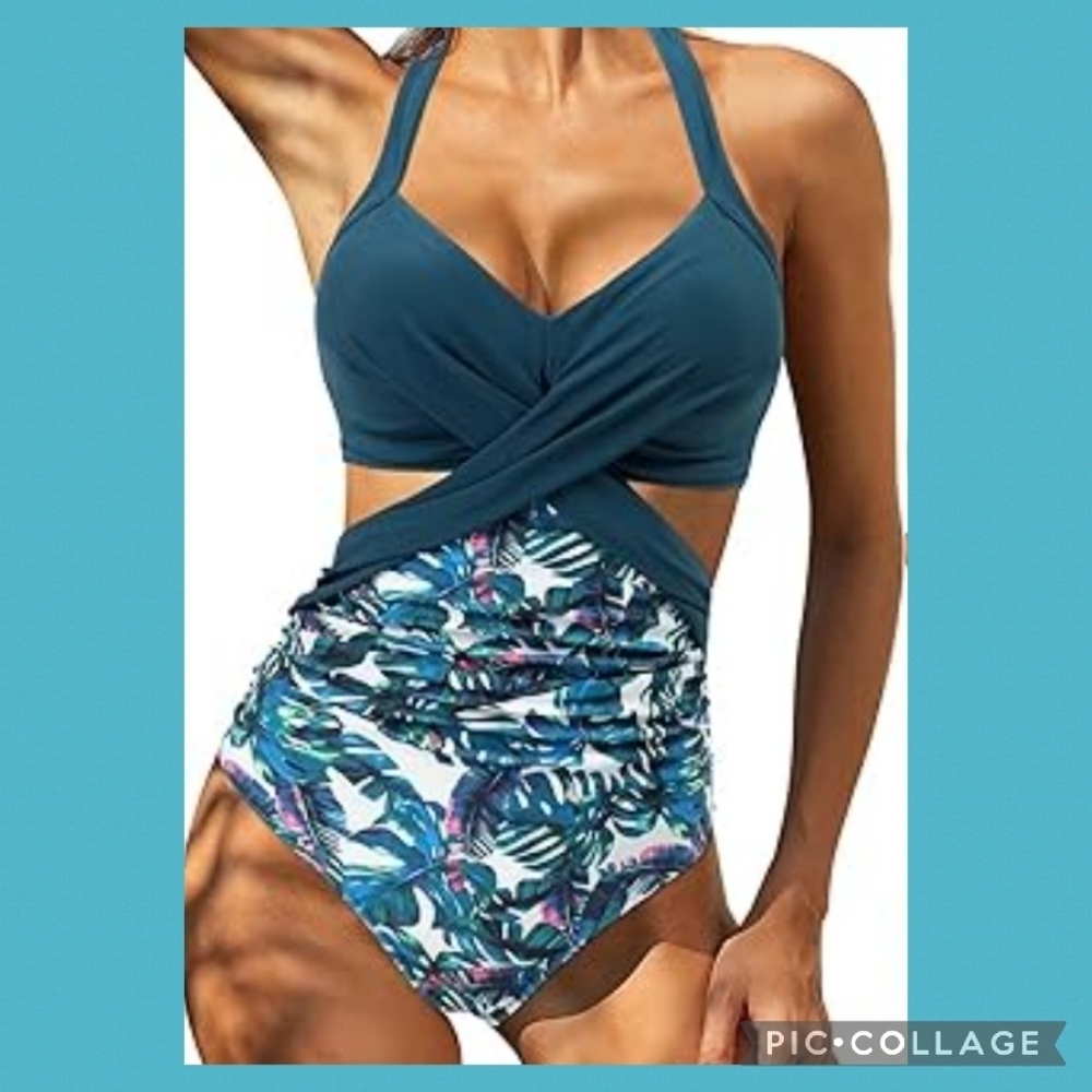 Blue top flower bottom one piece swimsuit.32